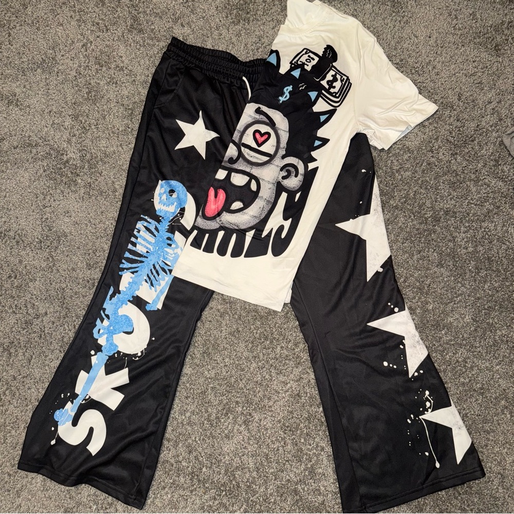 Graphic Black and White T-Shirt and Pants Set